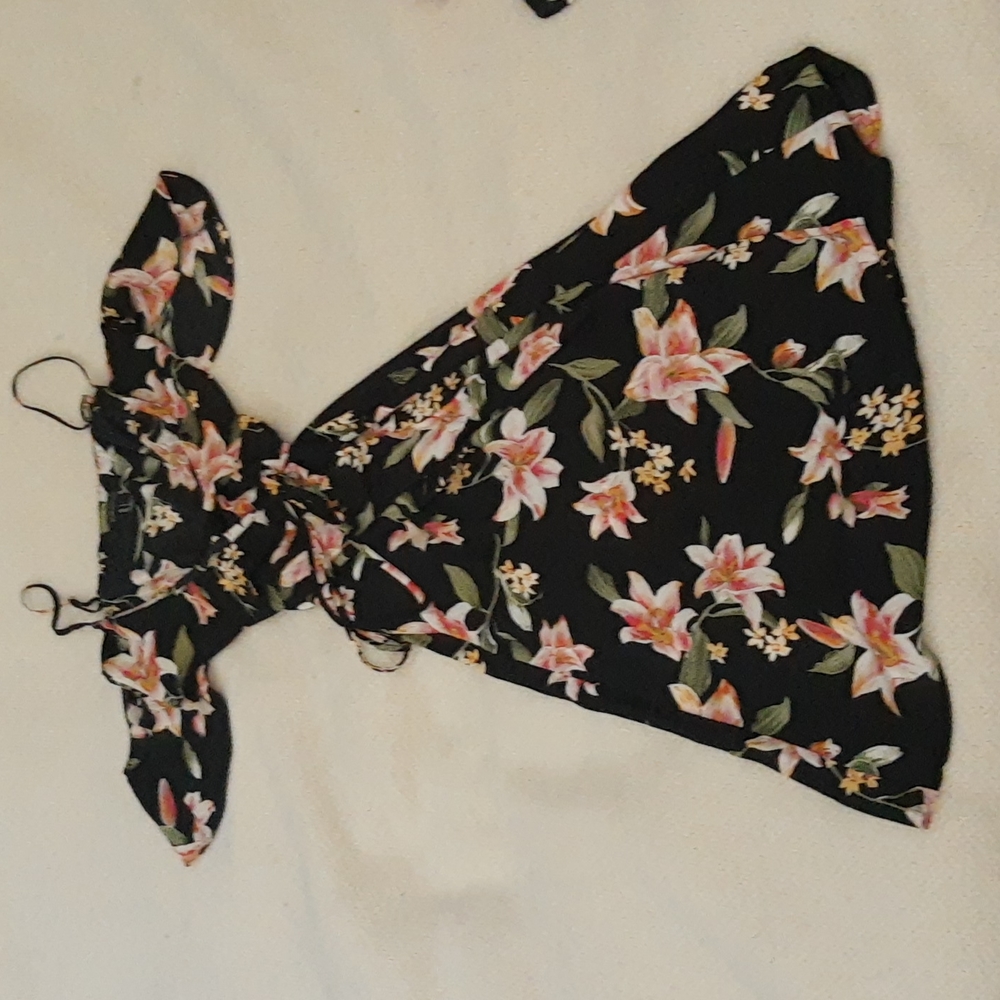 Black floral wrap dress with butterfly sleeves